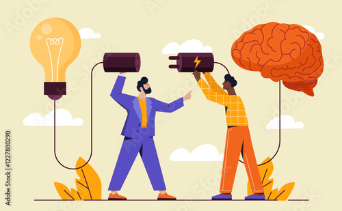 Two individuals connecting a lightbulb and brain with plugs, symbolizing idea generation and teamwork. Flat design on a light background. Concept of innovation. Vector illustration.