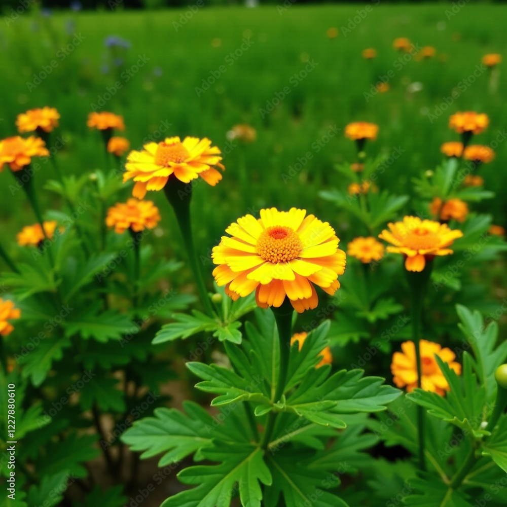 Bright yellow marigold blooms against a green garden background, green, garden, botanical Bright yellow marigold blooms against a green garden background, green, garden, botanical