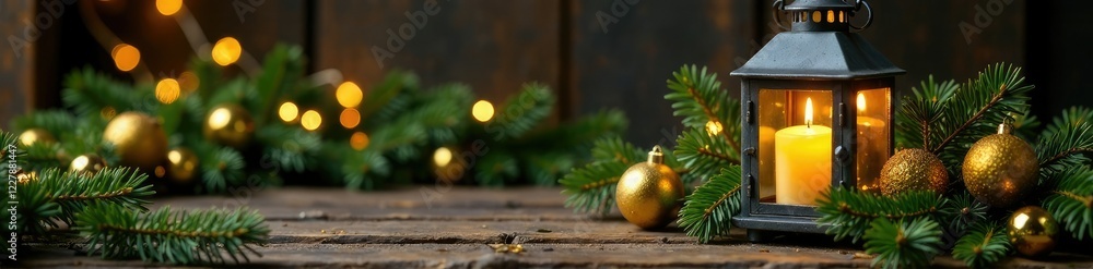 Pine branches with yellow gold ornaments and candles in a lantern, holiday decor, rustic, warm glow Pine branches with yellow gold ornaments and candles in a lantern, holiday decor, rustic, warm glow