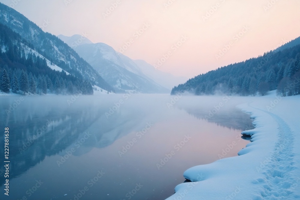 Dense fog rolling over a frozen lake on a cold winter morning, lake, misty Dense fog rolling over a frozen lake on a cold winter morning, lake, misty