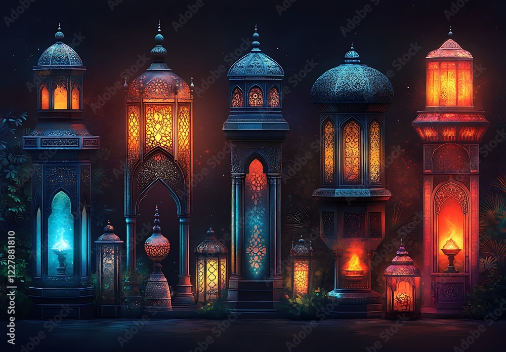 Fototapeta premium Illuminated Ornate Lanterns Glowing at Night with Intricate Designs