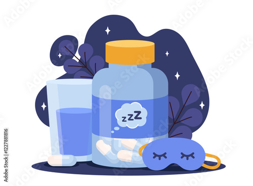A bottle of sleep aid pills, a glass of water, and a sleeping mask on a background with leaves and stars. Calm and relaxation concept. Vector illustration