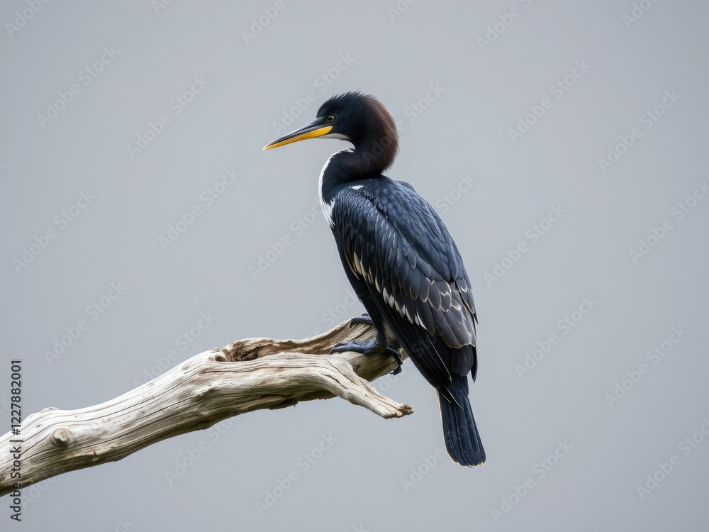 Fototapeta premium Pied cormorant on a weathered wood branch, wooden branch, rustic, outdoors
