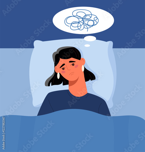 Sad woman lying in bed, thinking with a scribbled thought bubble above her head. Blue tones dominate the background. Concept of insomnia and stress. Vector illustration