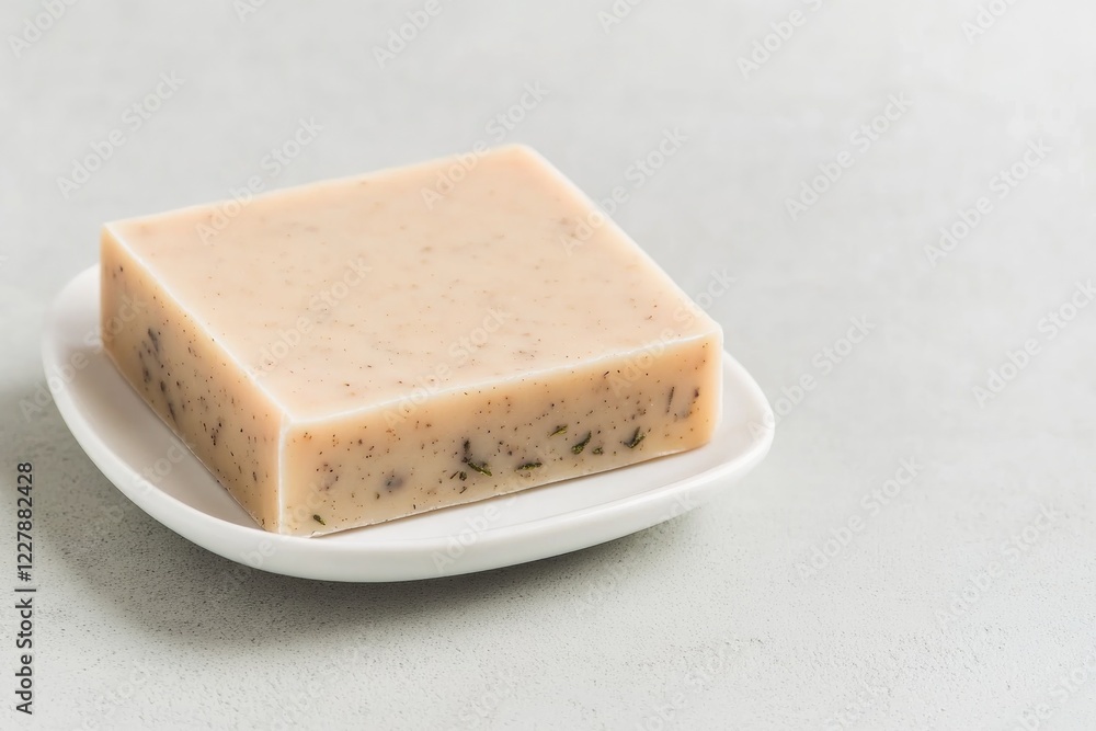 soap bar with embedded herbs resting on white ceramic dish texture details in sharp focus natural lighting adding warmth soap bar with embedded herbs resting on white ceramic dish texture details in sharp focus natural lighting adding warmth