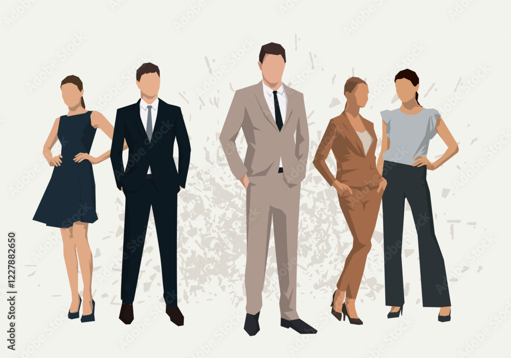 Business people, men and women standing in formal clothing, group of isolated geometric vector illustrations of office workers Business people, men and women standing in formal clothing, group of isolated geometric vector illustrations of office workers