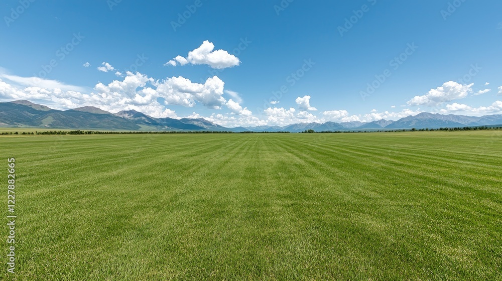 Fototapeta premium Vast green field, mountains, sunny day, landscape. Ideal for travel, nature, serenity