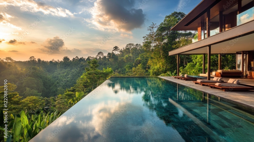Naklejka premium Luxury Villa with Infinity Pool overlooking Lush Green Rainforest at Sunset