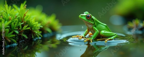 Petale verte entourant une goutte d'eau qui tombe, splash, lichen, detail photo