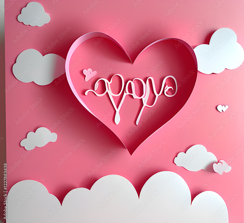 Heart Happy Valentine's day poster or voucher. Beautiful paper cut white clouds with white heart frame on pink background illustration. Papercut style. Place for text.generative ai Heart Happy Valentine's day poster or voucher. Beautiful paper cut white clouds with white heart frame on pink background illustration. Papercut style. Place for text.generative ai