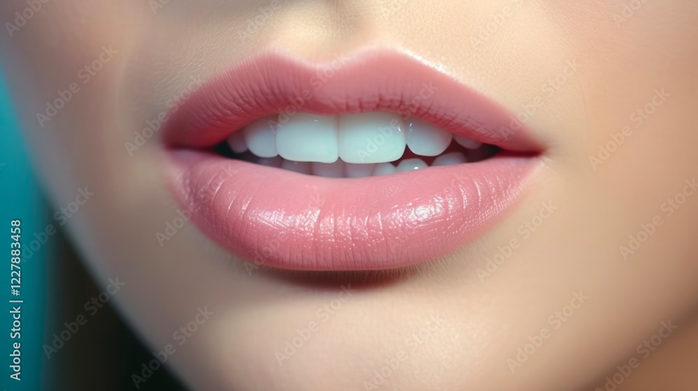 Obraz premium Close-Up of Woman's Lips Talking to Camera in Macro View. Communication and Emotions Concept in Female Speaker