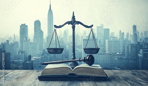 Scales of justice and gavel on open law book with city skyline in the background – perfect for legal services, law firm websites, and justice system concepts