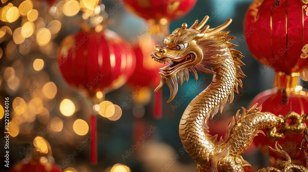 Obraz premium A festive backdrop featuring golden dragons, red and gold lanterns, and bright firecrackers for Chinese New Year.