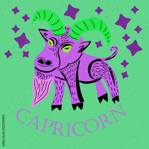 Vector illustration of zodiac signs. Capricorn sign. A capricorn with large curved horns and a chin. Hand drawing, capricorn, date, zodiac.