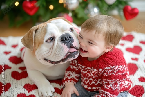 A joyful toddler cuddles a friendly bulldog on a heart-patterned blanket, surrounded by festive decorations and a Christmas tree. photo