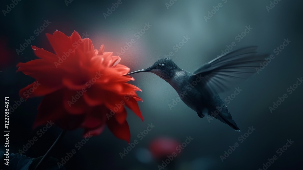Fototapeta premium Hummingbird in Motion: A tiny hummingbird sipping nectar from a bright red flower.