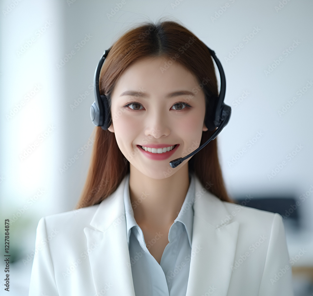 Customer service representative, young Asian woman, white blazer, headset, friendly smile, professional appearance, office setting, soft lighting, portrait, high-quality image, clean background, polis Customer service representative, young Asian woman, white blazer, headset, friendly smile, professional appearance, office setting, soft lighting, portrait, high-quality image, clean background, polis