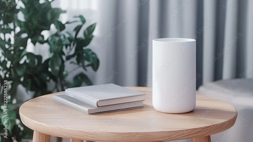 A white ceramic vase sits by stacked books on a wooden table, bathed in soft light and framed by gray curtains A white ceramic vase sits by stacked books on a wooden table, bathed in soft light and framed by gray curtains