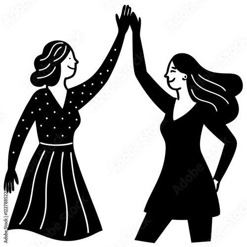  two women high fiving in celebration  silhouette vector illustration