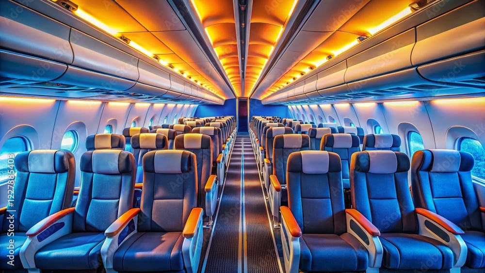 Fototapeta premium Empty Airplane Cabin Interior: Overhead Lighting, Drone Perspective Stock Photo