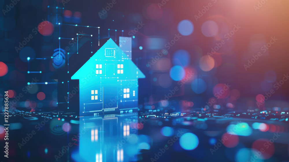 A futuristic house with glowing blue lights and a network of glowing lines. A futuristic house with glowing blue lights and a network of glowing lines.