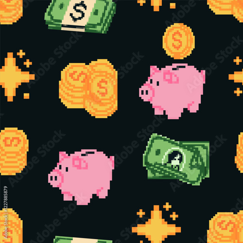 Money icons set. Cash, coins stack, paper money, dollar, piggy bank. Pixel Art, 8 bit, retro video game style. Hand drawn Vector illustration. Square seamless Pattern. Deposit, investment, concept