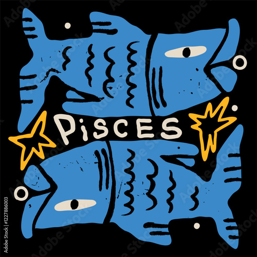 Pisces astrological zodiac sign. Cartoon unique modern style. Horoscope, zodiac Constellation. Hand drawn trendy Vector illustration. Magic, witchcraft, astrology concept. Isolated design element
