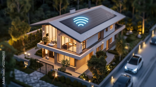 A modern house with a solar panel roof and a wifi symbol. photo