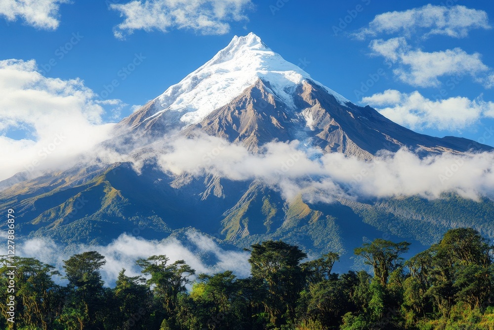 Majestic Snow-Capped Mountain Peak with Fog and Forest . Mount Taranaki rises majestically in New Zealand's national park, surrounded by lush greenery and clear blue skies. Majestic Snow-Capped Mountain Peak with Fog and Forest . Mount Taranaki rises majestically in New Zealand's national park, surrounded by lush greenery and clear blue skies.