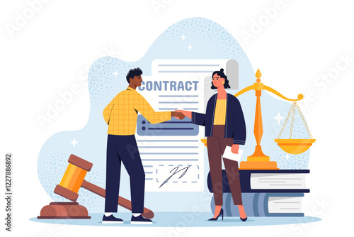 Two people shaking hands near a contract, a gavel, and scales of justice on a light abstract background. Concept of legal agreements and justice. Vector illustration