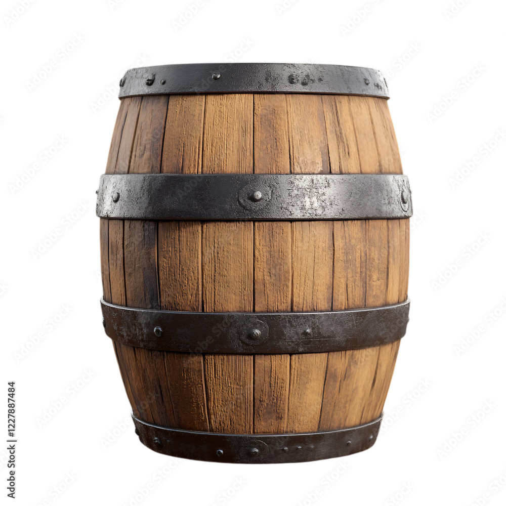 Fototapeta premium Rustic wooden barrel with metal bands on transparent background