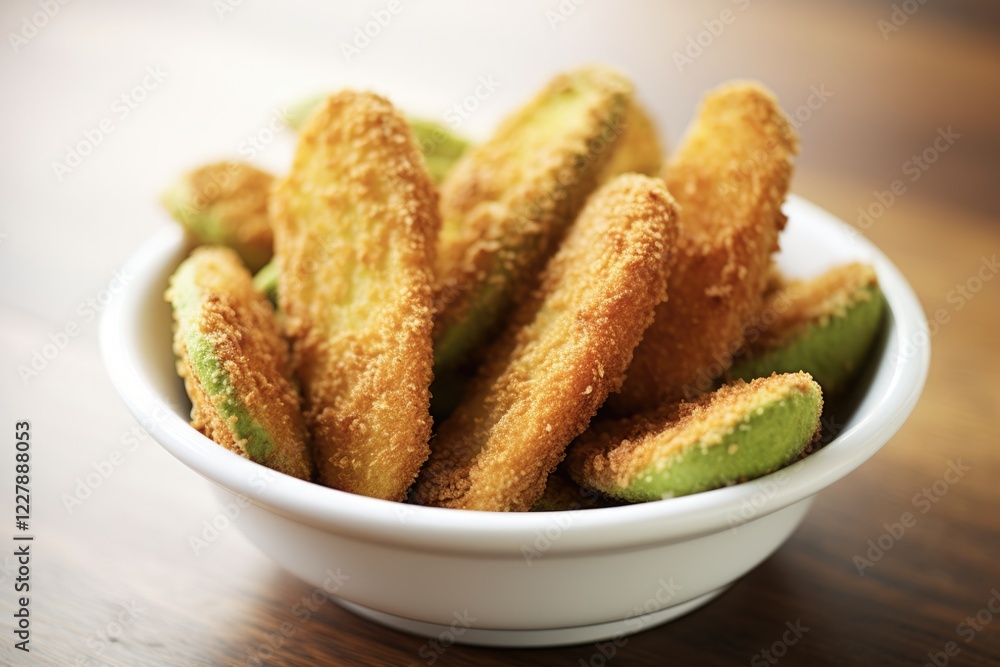Delicious Fried Avocado Fries on Homemade Bread. Fresh and Tasty Food for Epicures and Diets Delicious Fried Avocado Fries on Homemade Bread. Fresh and Tasty Food for Epicures and Diets