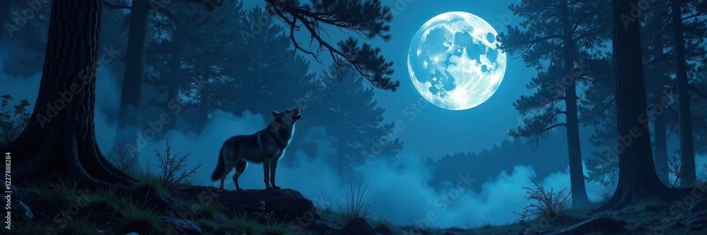 Full moon night forest with howling wolf and eerie mist, forest, wilderness Full moon night forest with howling wolf and eerie mist, forest, wilderness