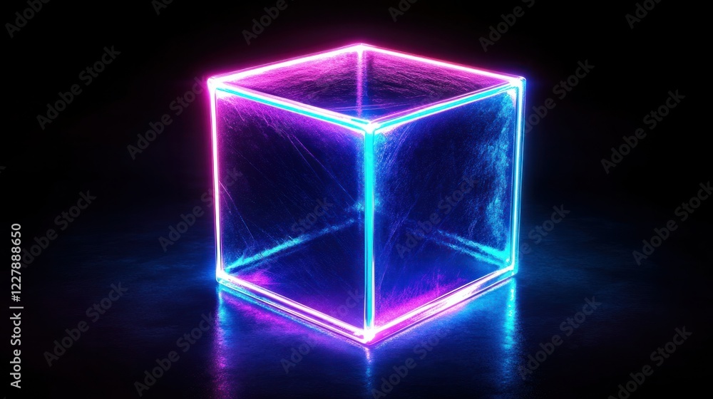 A glowing 3D neon cube with sharp edges and vibrant blue light radiating, floating against a dark background. A glowing 3D neon cube with sharp edges and vibrant blue light radiating, floating against a dark background.