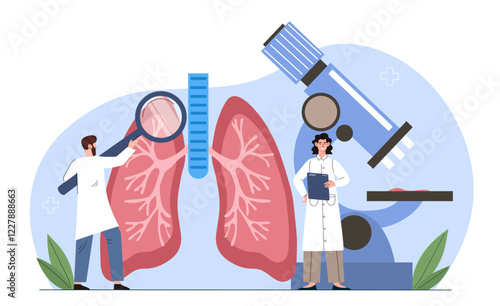Illustration of doctors analyzing lungs with a magnifying glass and microscope, in a blue-themed background. Represents medical research and health. Vector illustration
