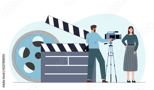 Illustration of a man operating a camera and a woman posing on set. Includes a clapperboard and film reel on a light background. Concept of filmmaking. Vector illustration