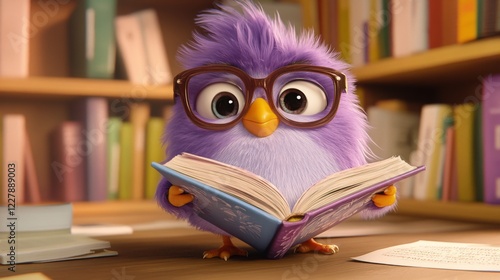 Purple cartoon bird with glasses. Generative AI