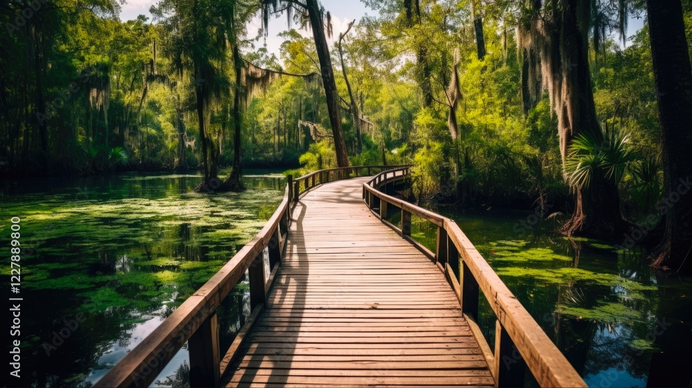 Fototapeta premium Discovering Nature at Ocala National Forest: Hiking the Glen and Salt Creek Trails on a Wooden Boardwalk (16:9)