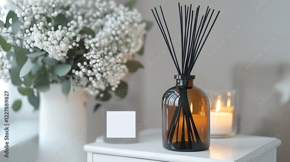 Fototapeta premium Soft light illuminates an amber glass bottle filled with black reed sticks beside a candle and blank label in a minimalistic design