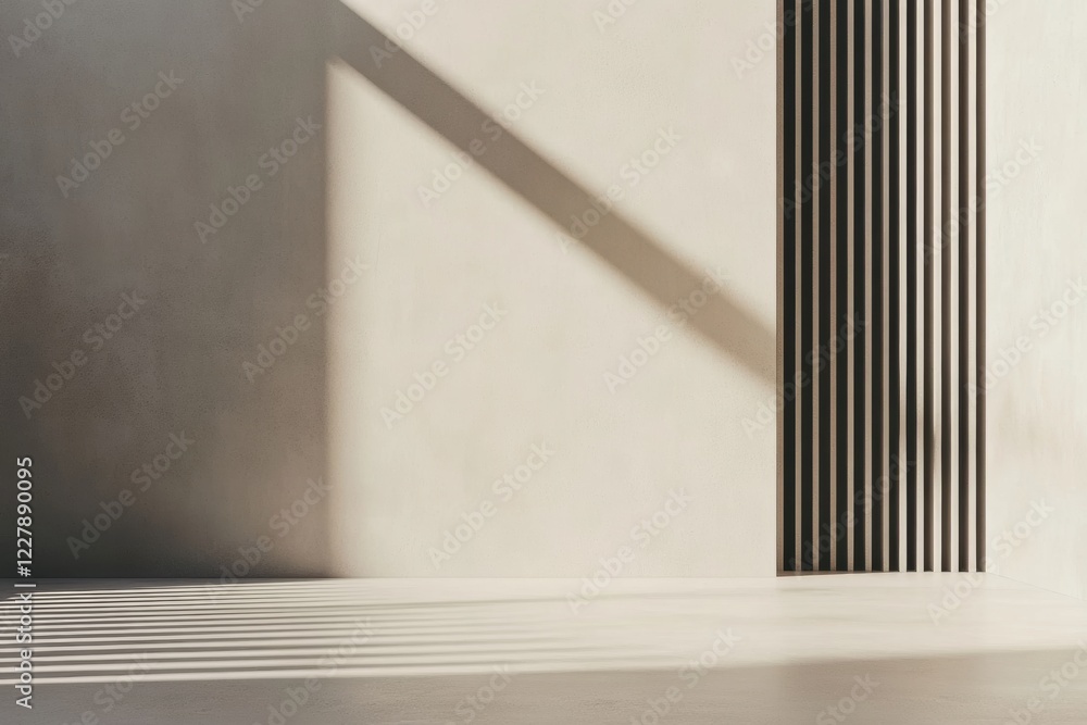 Obraz premium Beautiful play of light and shadows on a minimalist wall in a modern interior space. Generative AI