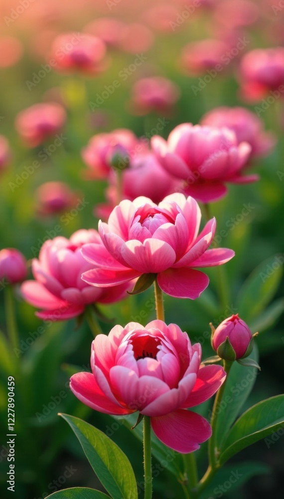 Naklejka premium Fresh peony flowers in a field, blooming, peonies