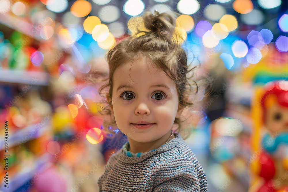 Fototapeta premium Generative AI image of a cheerful child enjoying a visit to a colorful toy store