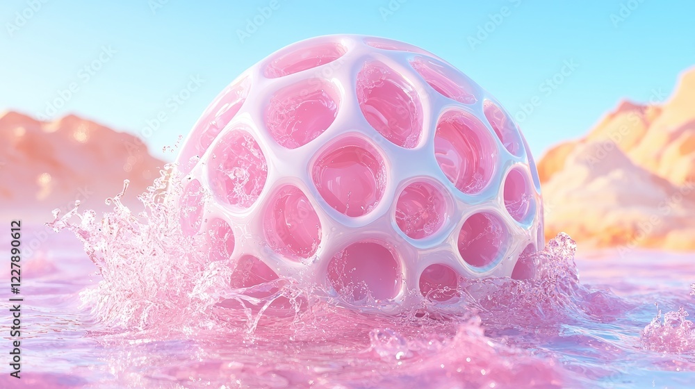 Pink sphere in water, desert landscape background; abstract art, digital design Pink sphere in water, desert landscape background; abstract art, digital design