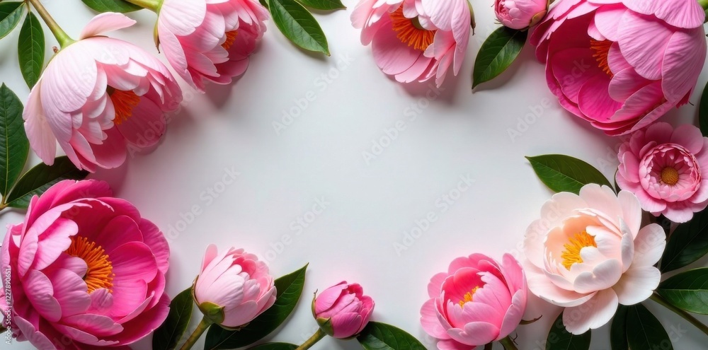 Fresh peonies and gardenia in a circular arrangement, flowers, wreath Fresh peonies and gardenia in a circular arrangement, flowers, wreath