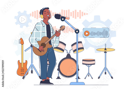 A musician singing and playing an acoustic guitar on stage with drums, microphone, and sound wave elements in the background. Concept of music and performance. Vector illustration