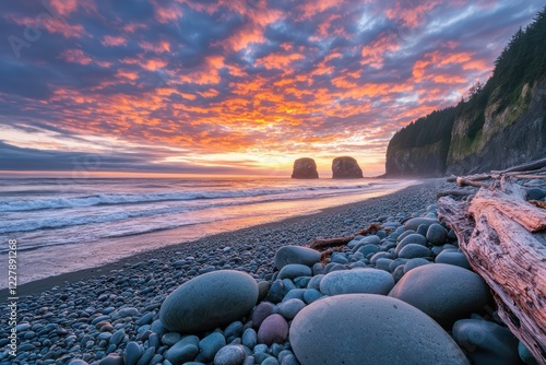 A remote beach with smooth stones and driftwood, the sky above painted in vibrant sunset shades photo