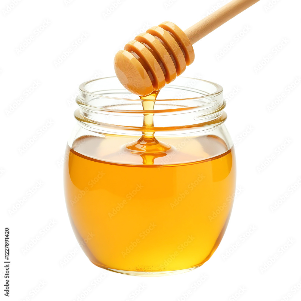 Clear glass jar with honey flowing and honey dipper isolated on transparent background Clear glass jar with honey flowing and honey dipper isolated on transparent background
