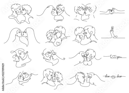 Set of drawings of couples in love kissing. LGBT, gay, lesbian, heterosexual people. Valentine's Day February 14. Lovers drawing by hand in a continuous line.