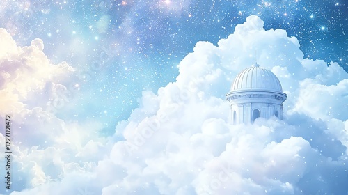 A serene view of a dreamy sky filled with soft clouds and twinkling stars, featuring a majestic dome peeking through the clouds, creating a tranquil atmosphere.