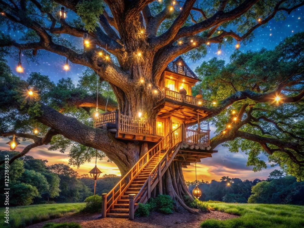 Fototapeta premium Enchanting Treehouse with Spiral Staircase at Night - Magical Fantasy Stock Photo